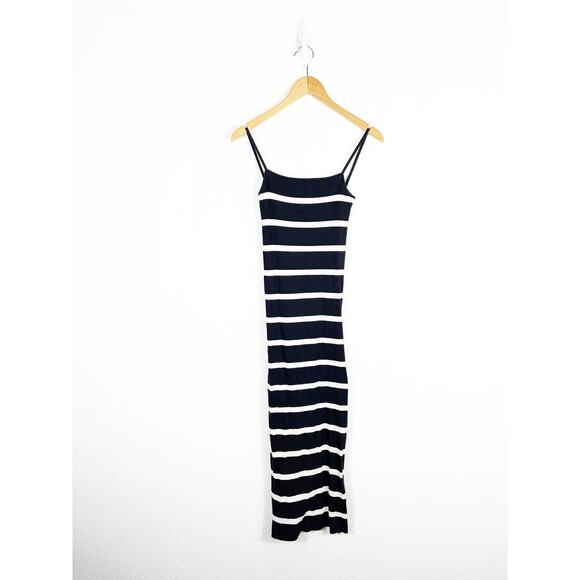 Zara Navy Striped Square-Neck Maxi Dress Medium Ribbed Knit Stretch Minimalist - Picture 3 of 13